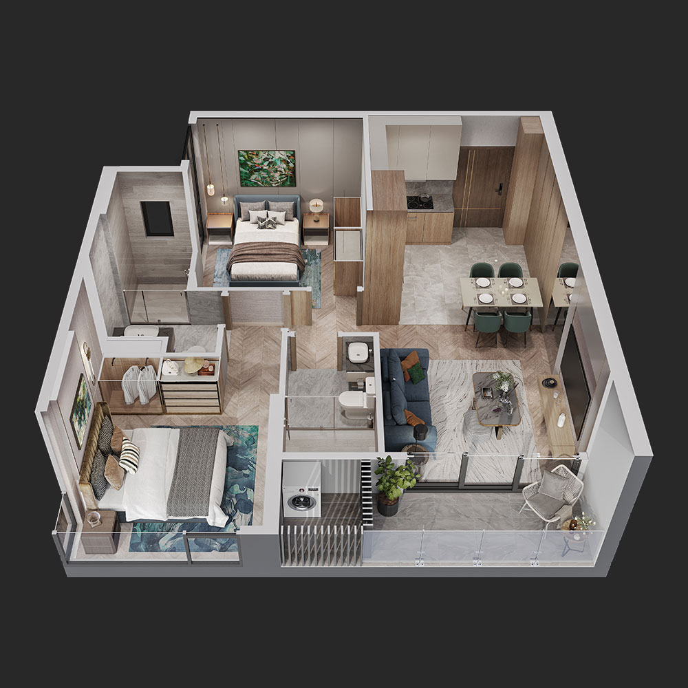 Layout thiết kế căn 2 phòng ngủ Lumiere Spring Bay