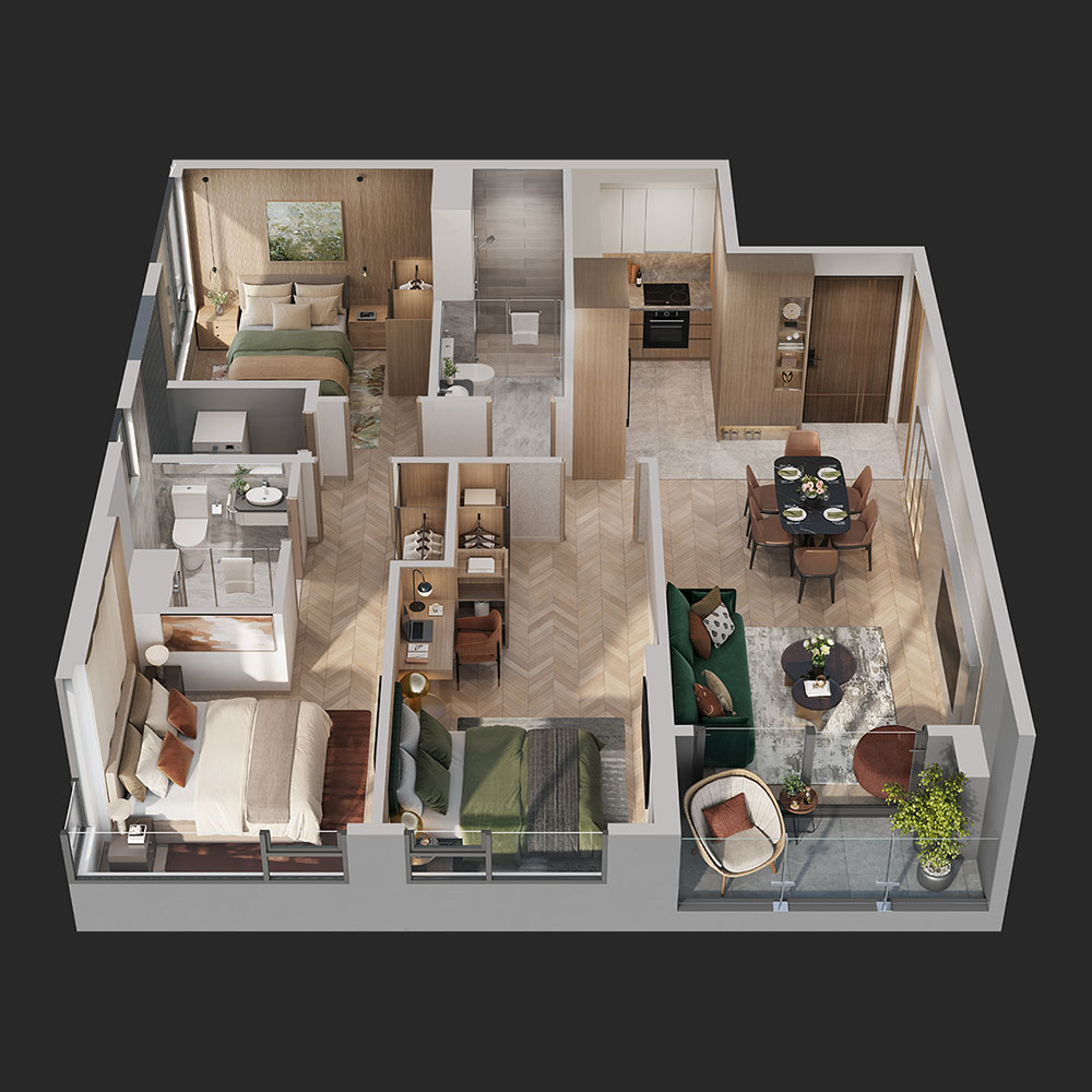 Layout thiết kế căn 3 phòng ngủ Lumiere Spring Bay
